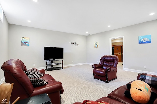 carpeted living room with baseboards and recessed lighting