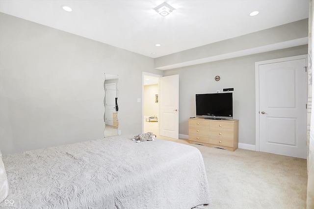 bedroom with recessed lighting, baseboards, and light colored carpet