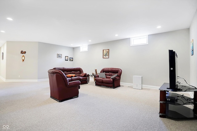 living area with carpet floors, baseboards, and recessed lighting