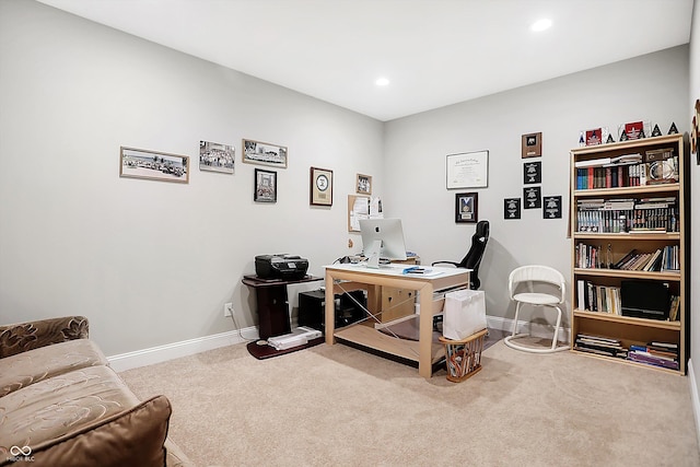 home office with baseboards, carpet flooring, and recessed lighting