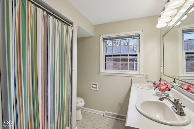 bathroom with tile patterned floors, toilet, visible vents, and a sink