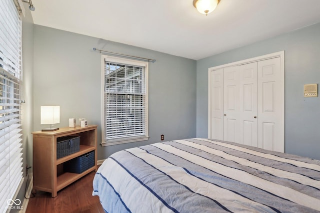 bedroom with a closet and dark wood-type flooring