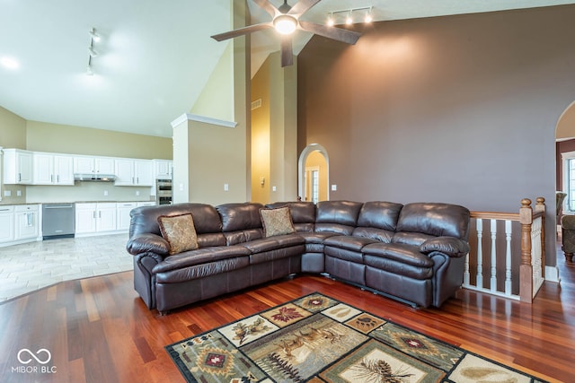 living area featuring arched walkways, high vaulted ceiling, light wood-type flooring, and rail lighting