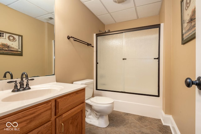 full bath with a paneled ceiling, visible vents, vanity, and toilet