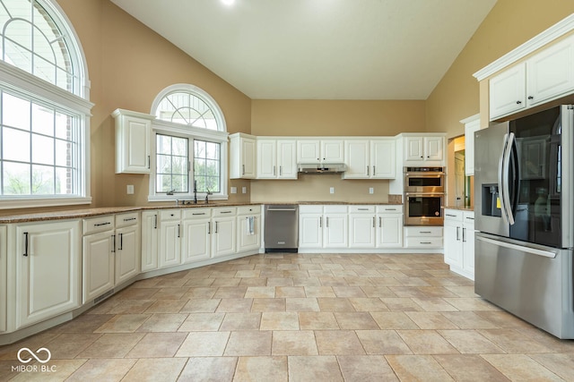 kitchen featuring under cabinet range hood, white cabinetry, stainless steel appliances, and a sink