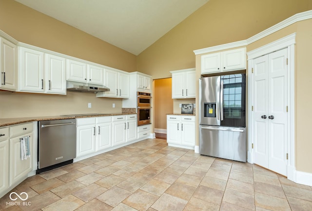 kitchen with baseboards, high vaulted ceiling, stainless steel appliances, under cabinet range hood, and white cabinetry