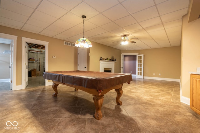 playroom with baseboards, visible vents, pool table, a paneled ceiling, and a fireplace