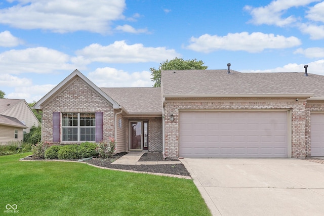 ranch-style house with a shingled roof, a front yard, and brick siding