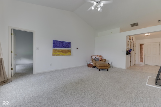 unfurnished room with carpet flooring, visible vents, baseboards, and ceiling fan with notable chandelier