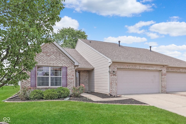 view of front facade featuring a garage, concrete driveway, roof with shingles, a front lawn, and brick siding