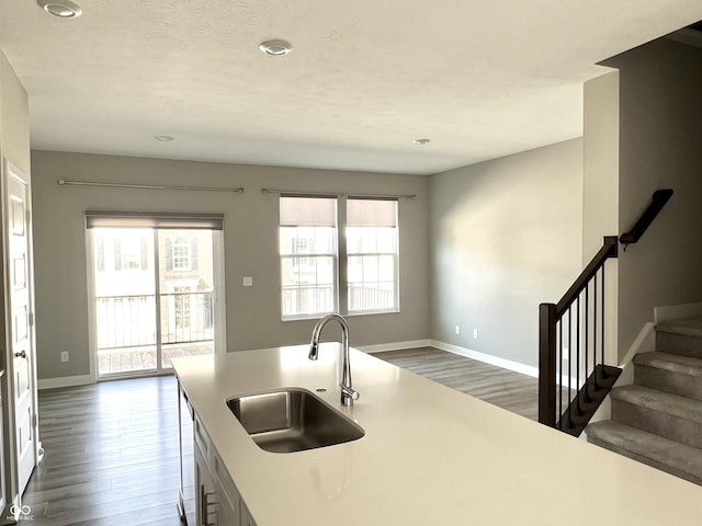 kitchen featuring dark wood-style flooring, baseboards, open floor plan, and a sink