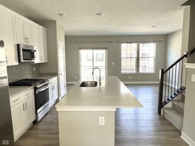 kitchen with an island with sink, a sink, plenty of natural light, tasteful backsplash, and appliances with stainless steel finishes