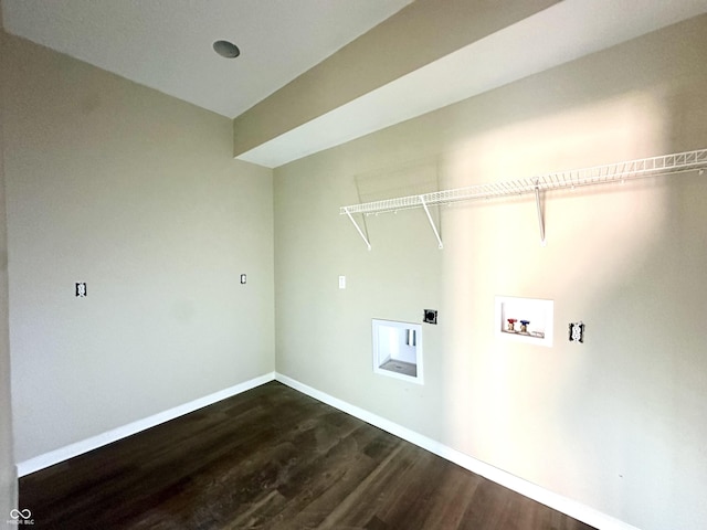 washroom featuring baseboards, laundry area, electric dryer hookup, washer hookup, and dark wood-type flooring