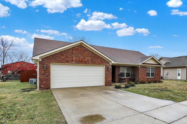 ranch-style home with central AC unit, a front lawn, concrete driveway, and brick siding