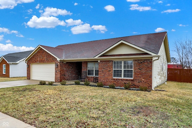 single story home featuring a garage, fence, concrete driveway, and brick siding