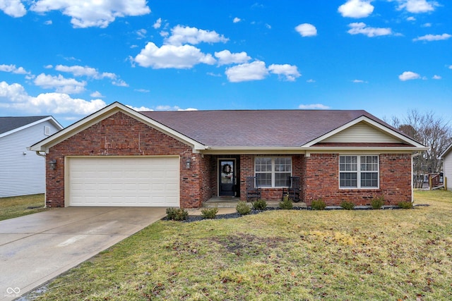 single story home featuring driveway, roof with shingles, an attached garage, a front yard, and brick siding