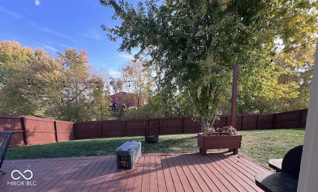 wooden deck with a yard and a fenced backyard