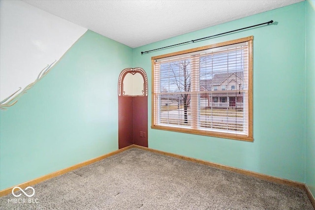 spare room with carpet flooring, baseboards, and a textured ceiling