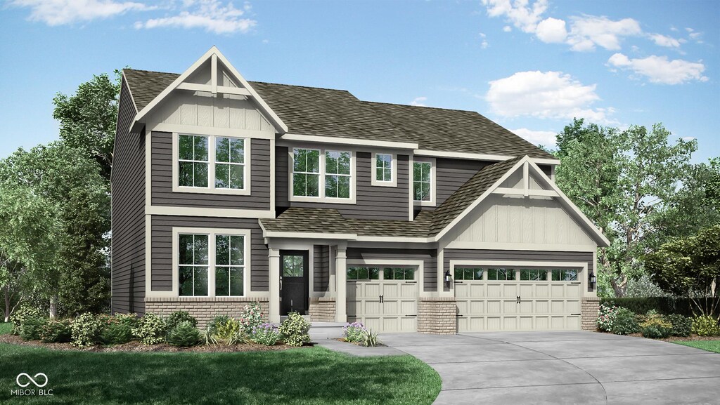 craftsman inspired home with brick siding, a shingled roof, concrete driveway, board and batten siding, and a front lawn