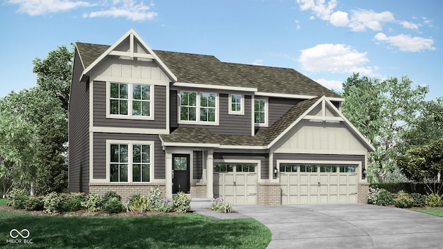 craftsman inspired home with brick siding, a shingled roof, concrete driveway, board and batten siding, and a front lawn