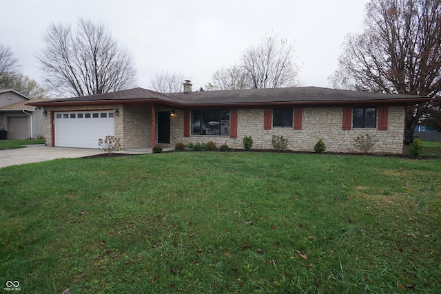 single story home featuring a garage, concrete driveway, a chimney, and a front yard