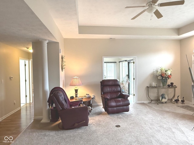 carpeted living area with ornate columns, baseboards, and a tray ceiling