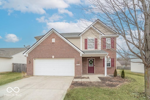 traditional home with driveway, a garage, fence, a front lawn, and brick siding