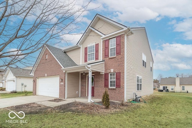 traditional-style home featuring a front yard, brick siding, driveway, and an attached garage