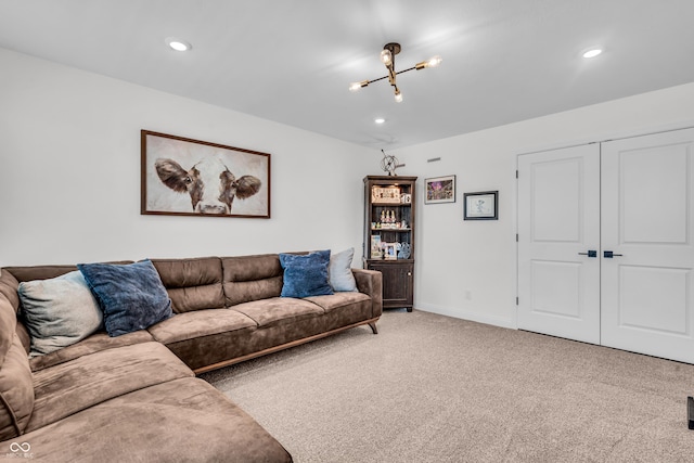 living area with recessed lighting, baseboards, and light carpet