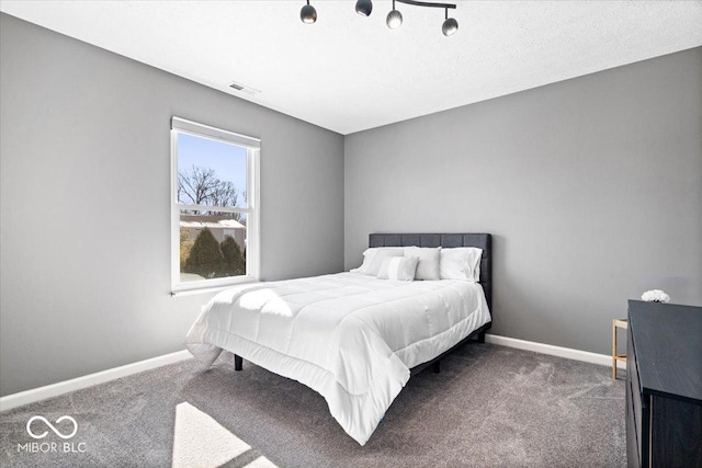 bedroom with a textured ceiling, carpet floors, visible vents, and baseboards