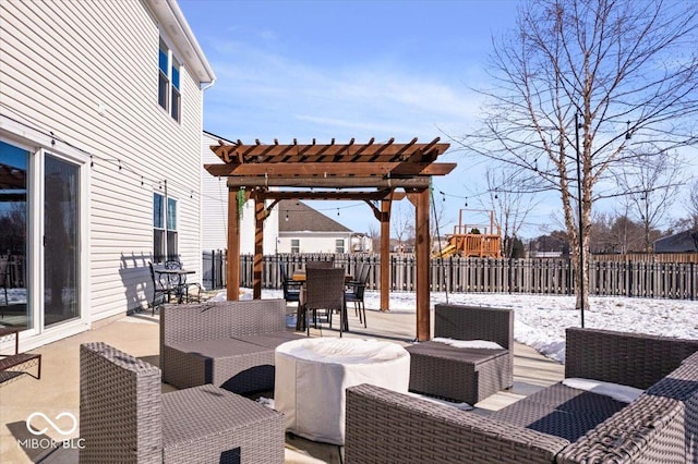 view of patio / terrace featuring outdoor dining space, outdoor lounge area, fence, and a pergola