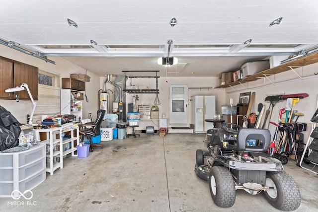 garage featuring water heater, a garage door opener, and white fridge with ice dispenser