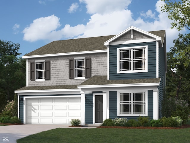 view of front of property featuring a garage, concrete driveway, roof with shingles, and a front yard