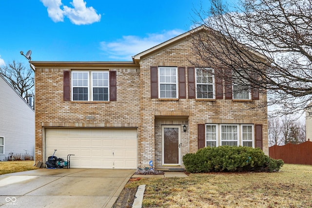 view of front of property with a garage, fence, brick siding, and driveway