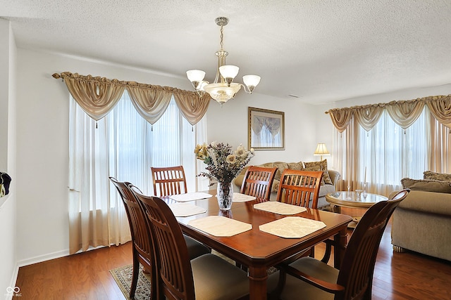 dining room with a chandelier, plenty of natural light, a textured ceiling, and wood finished floors