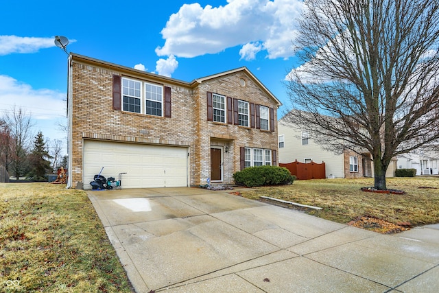 traditional-style home with a garage, a front yard, brick siding, and driveway