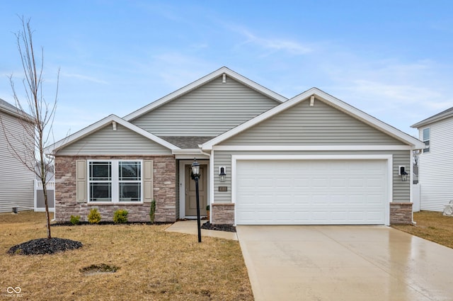 ranch-style house featuring concrete driveway, stone siding, a front lawn, and an attached garage