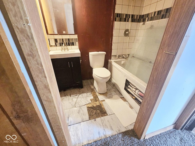 full bath featuring toilet, marble finish floor, vanity, and decorative backsplash