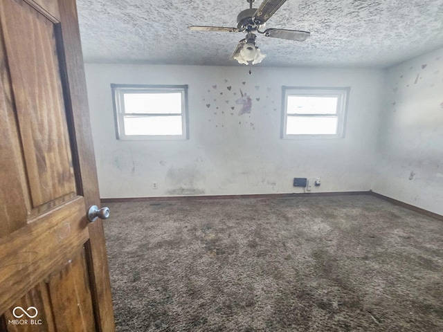 unfurnished room featuring plenty of natural light, a textured ceiling, and carpet