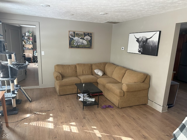 living room featuring baseboards, a textured ceiling, and wood finished floors