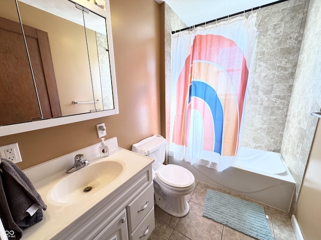 bathroom with toilet, shower / bath combo with shower curtain, tile patterned flooring, and vanity