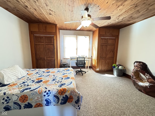 bedroom with a ceiling fan, wooden ceiling, carpet flooring, and baseboards