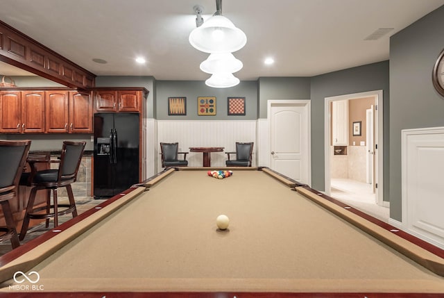 playroom featuring recessed lighting, visible vents, pool table, and wainscoting