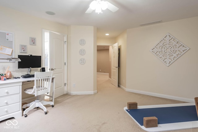 office featuring recessed lighting, visible vents, baseboards, and light colored carpet