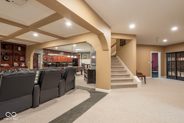 home theater with bar area, recessed lighting, baseboards, and dark colored carpet