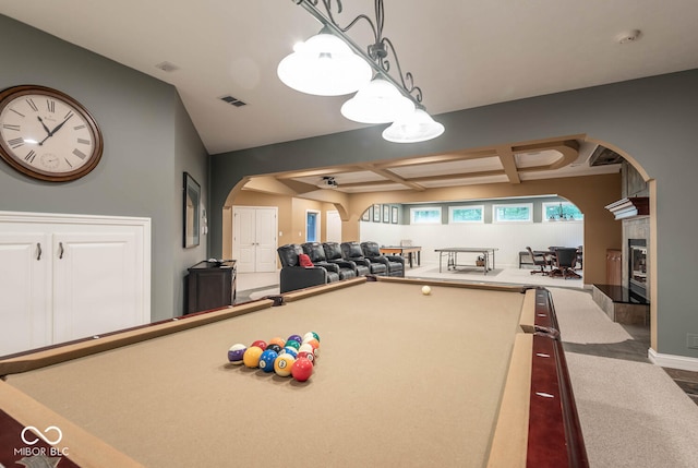 rec room with visible vents, a fireplace, arched walkways, coffered ceiling, and billiards