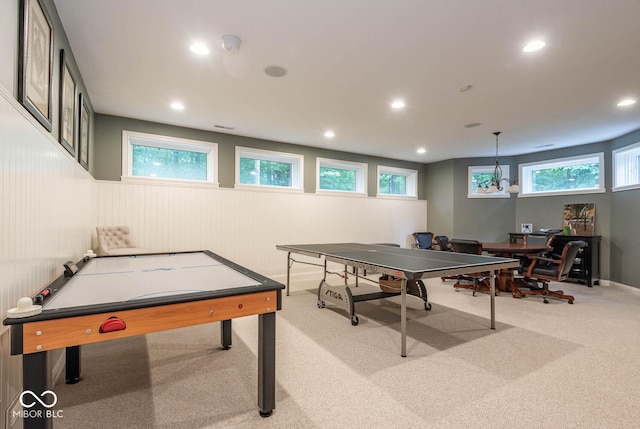 playroom with a wealth of natural light, carpet floors, and recessed lighting