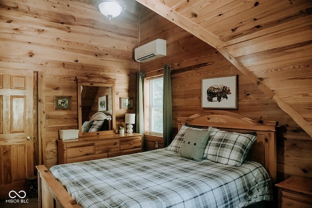 bedroom with wood walls and a wall unit AC