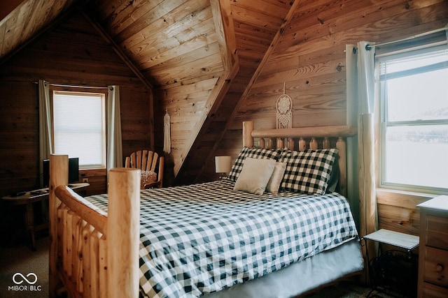 bedroom featuring lofted ceiling, multiple windows, wood ceiling, and wood walls