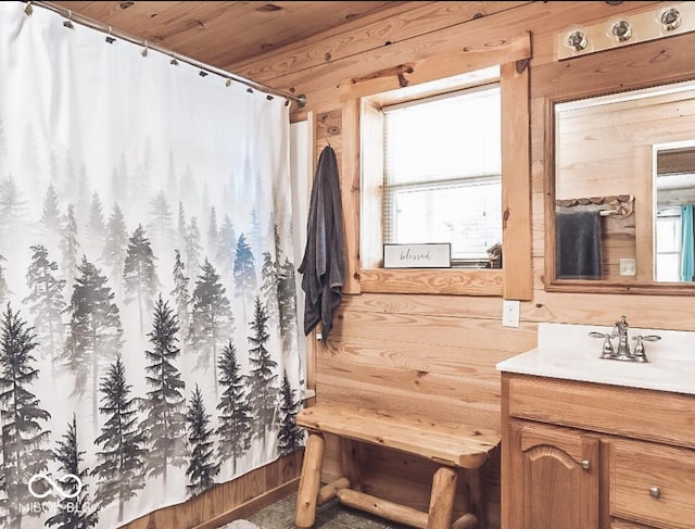 bathroom with wood walls, vanity, and a healthy amount of sunlight